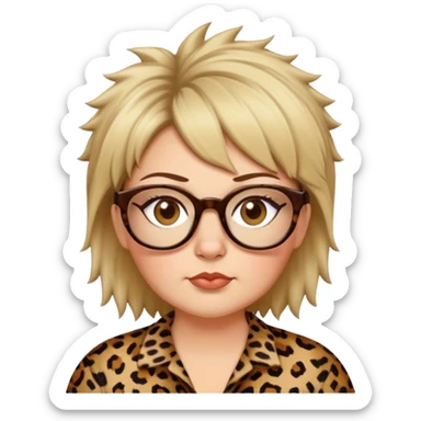 chuby white women dressed in leopard with short medium brown and blonde shaggy spiked hair wearing glasses with hazel color eyes and wide flat nose sticker