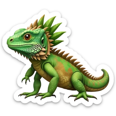 cinematic-iguana-realistic-full-body-basking-emoji,-long-scaly-body-stretched-out,-spiny-ridge-running-down-its-back,-textured-green-and-brown-skin-dappled-with-light,-sharp-intelligent-eyes-studying-the-surroundings sticker
