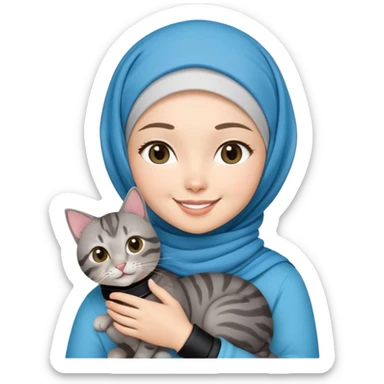 Asian White girl wearing headscarf (hijab)  holding a black grey tabby cat while smiling.  The cat is wearing a blue collar sticker