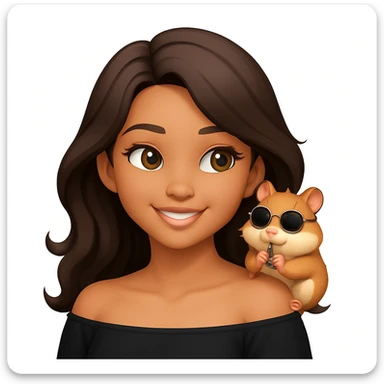 Add a cheeky, adorable hamster perched playfully on her shoulder. The hamster is wearing tiny round sunglasses and munching on a seed. The woman and her hamster are sharing a fun, carefree moment together, radiating warmth and joy. Keep the modern, clean, warm style. sticker