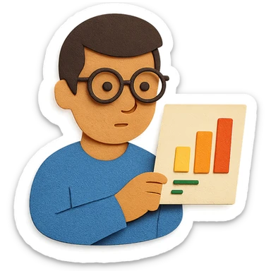 man wearing glasses and looking at data, paper craft style sticker