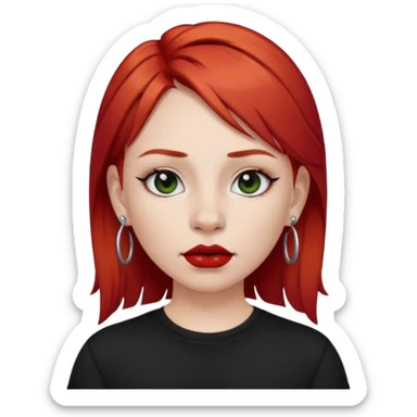 apple style emoji of a fair-skinned girl with red hair, black t-shirt, black lipstick, septum and ear piercings, minimal style sticker