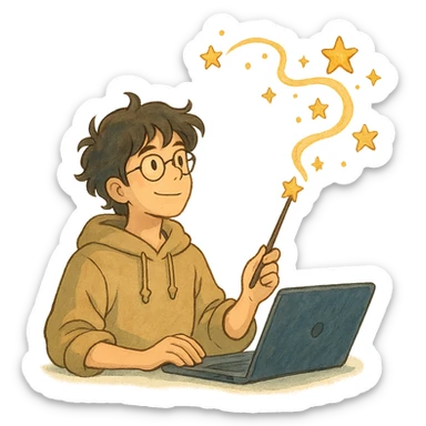 ghibli style developer with a magic wand, whimsical atmosphere sticker