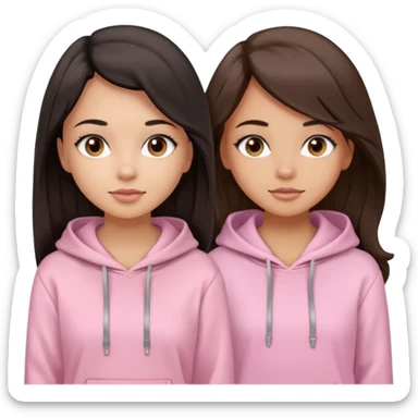 A pretty girl with light skin and long straight black brown hair, wearing a very light pink basic hoodie with brown eyes and makeup and a round face with another girl who is taller with an oval face, tan skin and very wavy brown hair, and a light pink basic shirt sticker