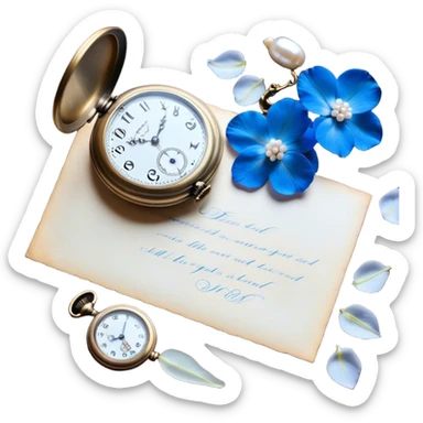 An elegant still life of a vintage pocket watch with an engraved case, lying next to a faded love letter sealed with a pearl wax stamp, surrounded by delicate white and blue floral petals.
 sticker