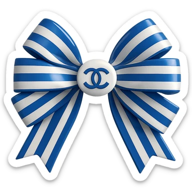 Change the striped bow to blue and white stripes, keep the small white Chanel logo visible, make the bow glossy, elegant, and luxurious in a 3D emoji style. Remove the background. sticker