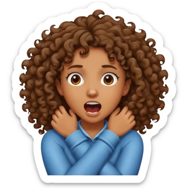 Brown curly Girl with crossed arms grabbing her neck screaming  sticker