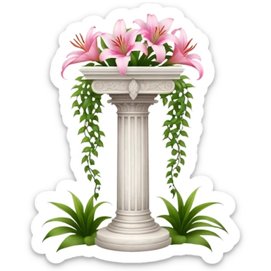 White tall marble pedestal with vines growing on it and pink lilies, beautiful romantic scenery  sticker
