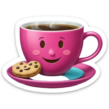 cup of coffee, steaming, the smoke should come out in the shape of a heart, the color of the cup is fuchsia, the cup has a happy face printed on it, the cup rests on a turquoise blue plate, and there are cookies and sugar cubes around the cup. sticker