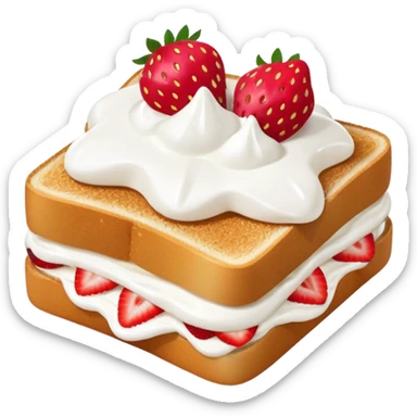square toast topped with fluffy white cream, decorated with a strawberry bow made from two strawberry halves and a small sliced center, bright red and glossy sticker