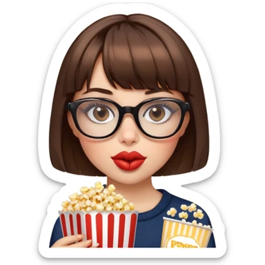 Girl with short brown hair and bangs, leopard square glasses and full lips eating popcor sticker