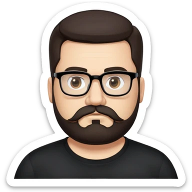 Caucasian male, chubby, long hair straight dark brown hair combed back, thick dark eyebrows, rectangular black eyeglasses, full beard and mustache neatly groomed, neutral facial expression, wearing a black crew neck shirt. sticker