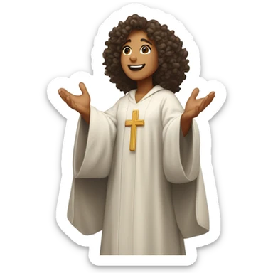Curly-haired biracial woman preacher wearing a catholic robe, praising the lord in the sky  sticker