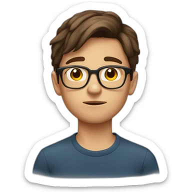 a 12-year-old boy with brown hair and glasses is very sad sticker