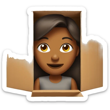 A beautiful brown skin woman with peeks cheerfully from an opening in a large cardboard box, her expression sad  sticker