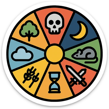 a wheel divided into eight segments, each featuring a distinct symbol: life represented by a tree or heart, death represented by a skull, darkness represented by a crescent moon or shadow, plague represented by a rat or biohazard symbol, war represented by crossed swords or helmet, hunger represented by an empty bowl or grain stalk, dreams represented by a cloud or eye, and destiny represented by an hourglass or thread; visually cohesive and iconic symbolic emblem sticker