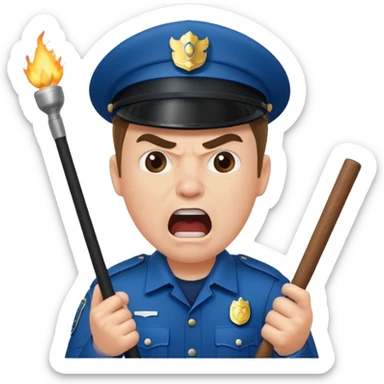 An angry British policeman with a baton in his hands shouts sticker