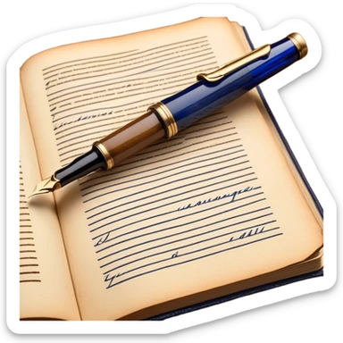 Create a vibrant emoji representing prose writing. The design should feature an open book with pages showing unfinished prose, a classic fountain pen or quill with black or dark blue ink, and an ink bottle (inkwell) next to it. The pages should have visible lines of text, but some should remain unfinished, symbolizing the creative process. Use warm, earthy tones like brown, gold, and cream for the book and background, with the ink and pen in black or dark blue. The emoji should convey the idea of storytelling, creativity, and the unfinished nature of literary work. Make the background transparent. sticker