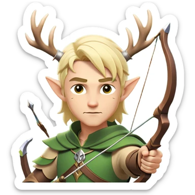clash-of-clans-aesthetic-blond-male elf-archer-portrait-emoji, rendered in a flat, vector-style with minimal shading and bold holding his bow, simplified shapes, head tilted slightly forward with a determined, focused expression, riding a majestic stag whose antlers glow with mystical energy, set against an ancient, enchanted forest backdrop. sticker