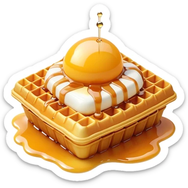 3D rendered hyper-realistic Hong Kong egg waffle with condensed milk drizzle, glossy golden bubbles, vibrant colors, candy-like texture, detailed bubble surfaces, fun presentation, soft lighting sticker