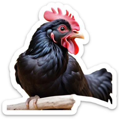 Cinematic Cute Yawning Black Chicken Portrait Emoji, Head tilted slightly with a dramatic, wide-open yawn, showcasing a soft, glossy black plumage with subtle hints of iridescence and a distinctive red comb, floppy wings slightly drooping, round beady eyes barely open in drowsy contentment, Simplified yet irresistibly adorable features, highly detailed, glowing with a soft, cozy glow, high shine, relaxed yet expressive, stylized with a touch of whimsy, bright and endearing, soft glowing outline, capturing the essence of a sleepy yet affectionate chicken, so drowsy it feels like it could stretch out of the screen and curl up for a nap! sticker
