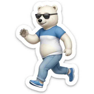 friendly anthropomorphised polar bear in jeans and a t-shirt, wearing dark sunglasses, jogging upright, standard pose sticker
