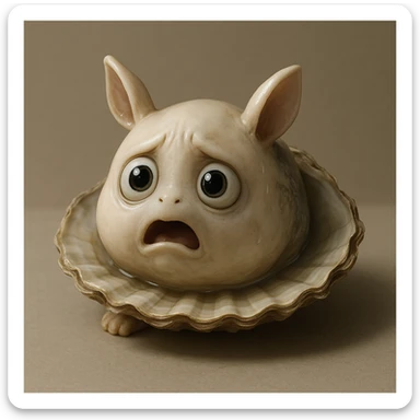 A cute oyster with a scared expression, wide eyes, and slightly open mouth, in photorealistic style. sticker