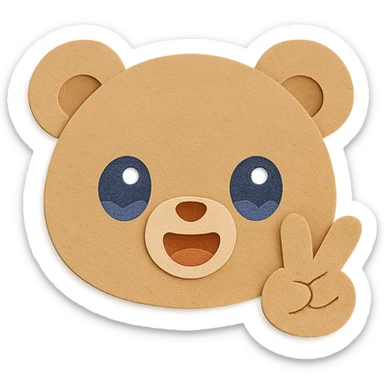 Edit the image to show only the bear's head with a peace sign hand gesture near the face. Keep all bear features and colors exactly the same: big sparkling watery eyes, super soft and adorable open-mouth smile, round face, round ears, soft pastel brown color, and maintain the paper craft visual effect. Remove all other objects including the tail and blush. Clean lines and transparent background. sticker