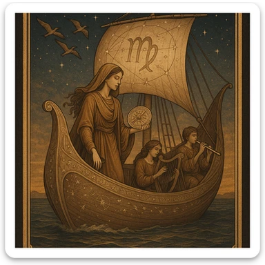 Tarot card titled 'The Voyager – Virgo' featuring a serene Virgo figure traveling on a majestic ship across a starlit sea. The Virgo is graceful, thoughtful, and grounded, wearing flowing earth-toned robes and holding a celestial map or astrolabe. The ship is adorned with intricate carvings of constellations and ancient symbols, gliding under a twilight sky. Birds fly in formation overhead, symbolizing guidance and freedom. Musicians aboard play harps and flutes, creating a harmonious atmosphere. The design blends mysticism, elegance, and earth-aligned energy, with fine detailing, warm golden tones, and subtle Virgo glyphs woven into the sail or stars. The mood is introspective, purposeful, and celestial. sticker