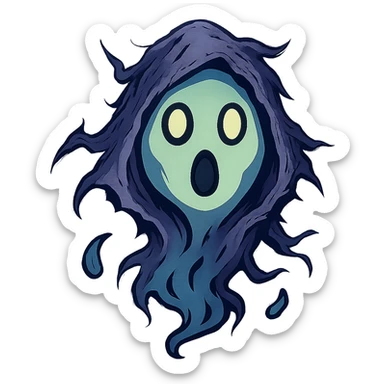 Refine the torn and ruffled hood details, making the edges more jagged and intricate, with extra emphasis on the tattered, ethereal look. Keep the surprised expression and the interplay of light and shadow forming the face, with no background. sticker