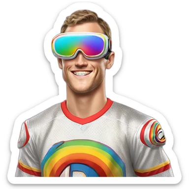 Fancy disco Jonathan Toews wearing rainbow lace shirt and wearing VR glasses and eating a moon pie sticker