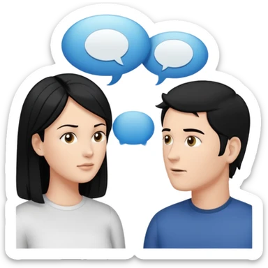 a person chatting up another person, one white male with black hair, one white woman facing each other talking with strictly white speech bubbles above their head,  sticker