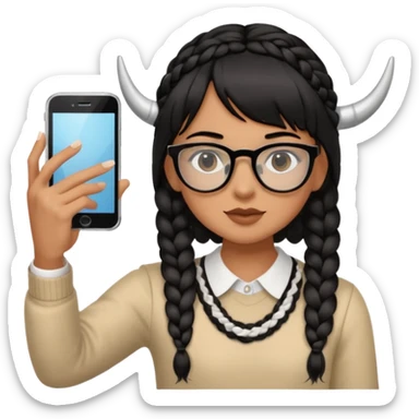 He has braid bangs on one side of his black hair, and he's wearing horn-rimmed glasses and taking a mirror selfie with his iPhone white color sticker