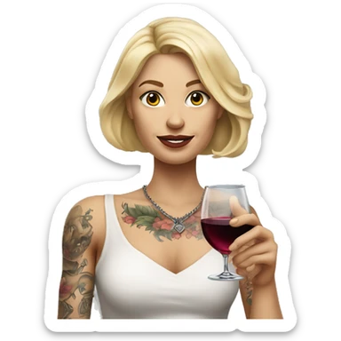 Create a hyper-realistic emoji of a blonde woman with elegant features. She has a body covered in tattoos, holding a glass of wine in one hand, while pointing forward with her other hand. sticker