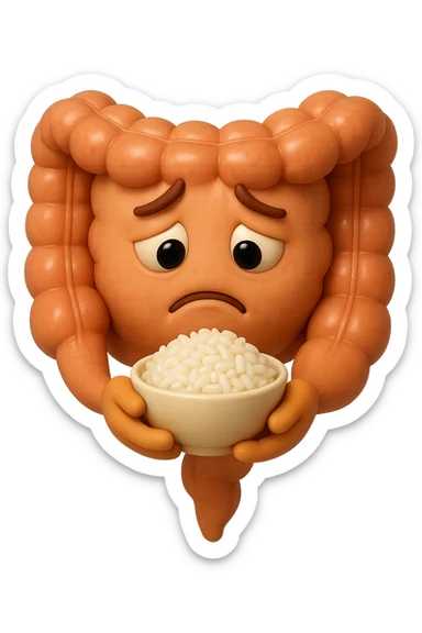 emoji stile iphone 3d di un intestino che guarda una bowl di riso che ha in mano con espressione triste, iperealistico 4k sticker