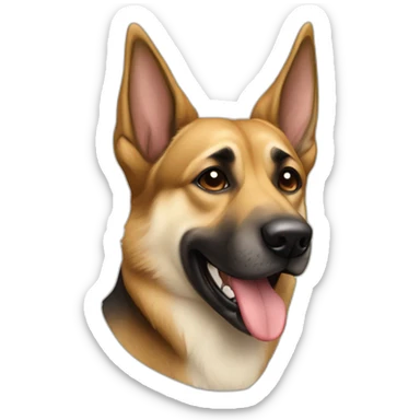 mutt dog with german shepard coloring and a tooth that is visibly misaligned and protruding from its mouth on the left side sticker