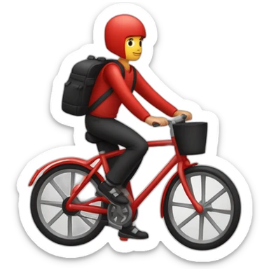 Garçon en tenue rouge sur un vélo noir vélo avec un sac tout rouge cubique, sticker