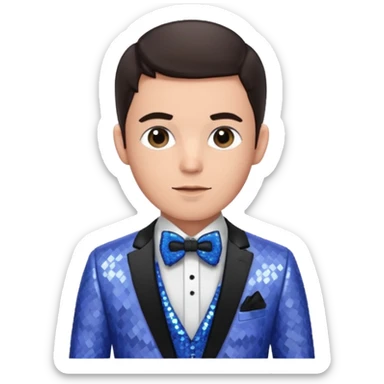 Jonathan Bailey with dark brown hair, perwinkle sequin suit with bow tie sticker