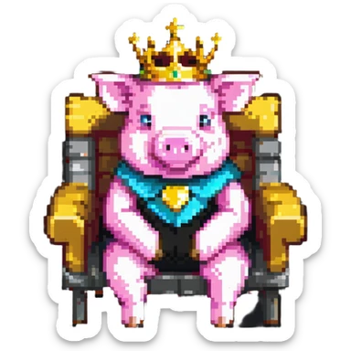 cartoon-like pixel art pig with a golden crown sitting on a throne, blocky and square like Minecraft, styled to look like LEGO Duplo blocks, chunky, colorful, simple sticker
