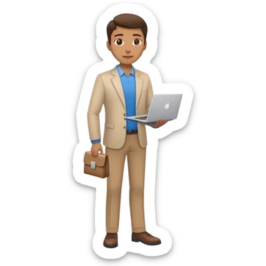 business owner standing confidently, holding a closed laptop in one hand and a takeaway coffee cup in the other. The character wears casual-smart clothes. sticker