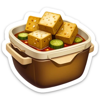 Stinky Tofu with sauce and pickles, simplified emoji style with bold outlines and bright colors, cartoon style dark fermented Chinese street food with steam sticker