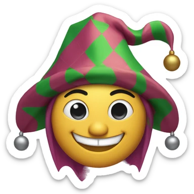 Minimalist emoji of a jester: round face, cheerful, wearing a classic three-point jester hat with bells sticker