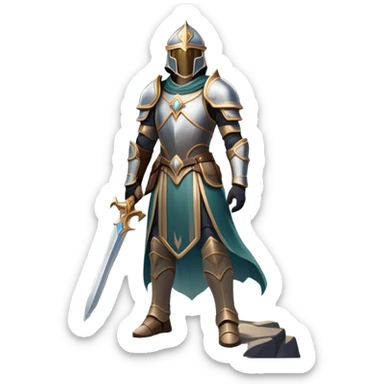 An icon featuring a hero with a closed visor, standing in a majestic, mystical landscape, inspired by RPGs like Elden Ring. The design includes a stunning, ethereal background with towering castles and distant mountains, symbolizing the adventure and mystery. Transparent background sticker