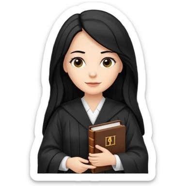white-women-with-long-black -hair-lawyer-in-lawyer’s-robe. Have law book in hand with bookshelf full of law books in the background. sticker