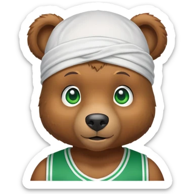 Cute brown bear with green eyes wearing a white durag and a basketball jersey visible only up to the shoulders, iOS emoji style sticker