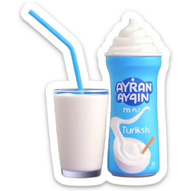 A small carton of Turkish yogurt drink (ayran) with a straw, white and blue packaging sticker