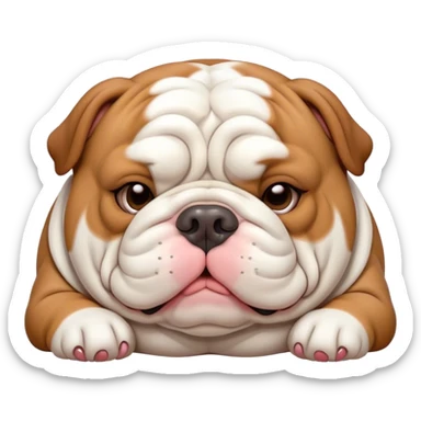 Cinematic Meme-Worthy Chubby Sleeping Brown and White English Bulldog Portrait Emoji, Head resting peacefully with a contented smile, showcasing a delightfully chubby build and a luxuriously soft brown and white coat, eyes shut in a serene nap, Simplified yet hilariously adorable features, highly detailed, glowing with a soft, drowsy light, high shine, relaxed and utterly lovable, stylized with an air of playful laziness, bright and heartwarming, soft glowing outline, capturing the essence of a comically sleepy guardian, so meme-worthy it feels like it could instantly become the next viral sensation of adorable slumber! sticker