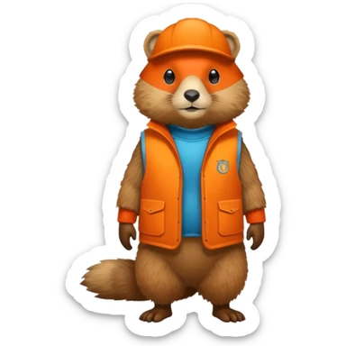 crea una marmota de cuerpo completo, que lleve un chaleco color naranja y que en el chaleco lleve el nombre (telamon) sticker