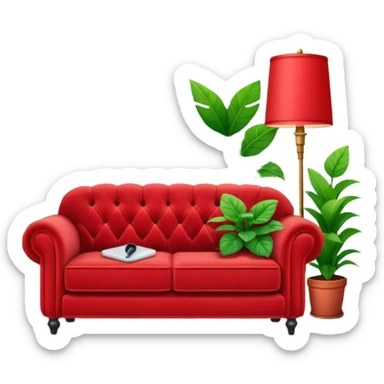 front view of a red velvet couch with a mic in front and small houseplants in the background sticker