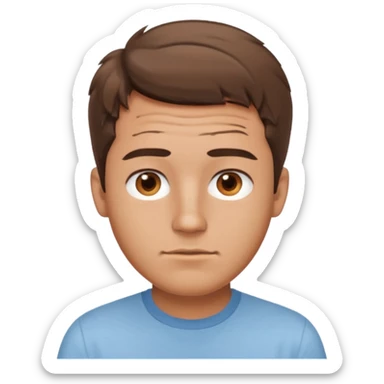 create an emoji of a young man, oval face. No wrinkles. he has an American look, very messy brown hair, brown eyes, very slightly tanned skin, natural lips. he wears a short sleeve light blue shirt sticker